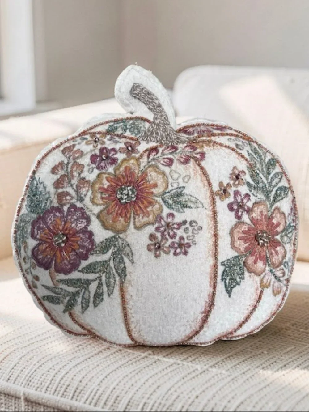 Vintage Embroidered and Beaded Pumpkin Throw Pillow / Fall / Thanksgiving Decor